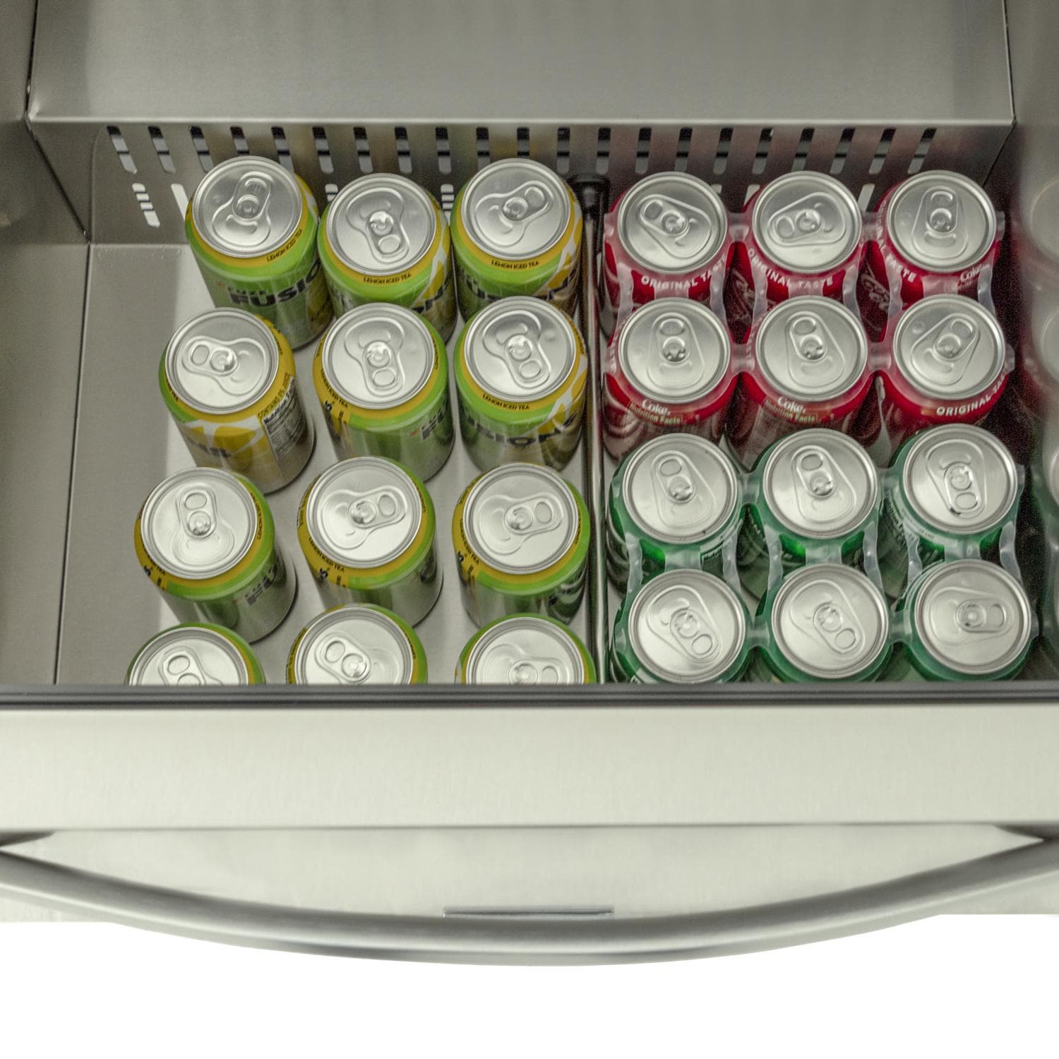 Outdoor refrigerator drawer with soda cans arranged by color on racks