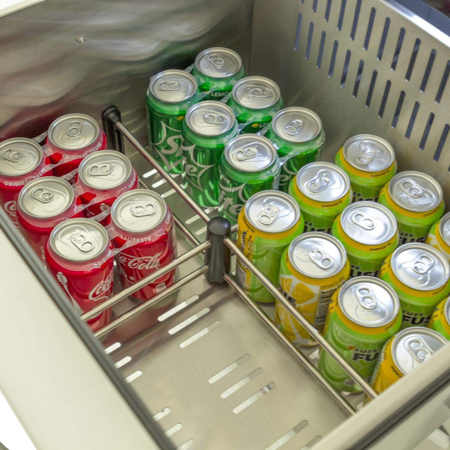 Outdoor refrigerator drawer interior with assorted soda cans on wire racks