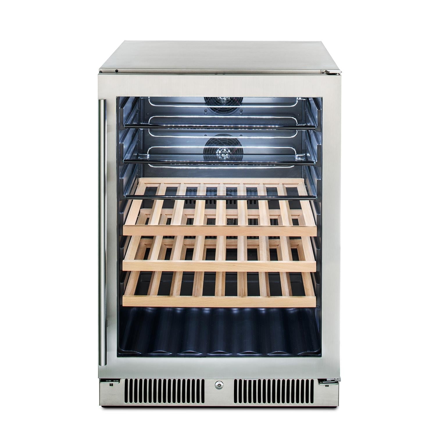 Outdoor beverage cooler with stainless frame, glass door, and wooden bottle rack shelves.