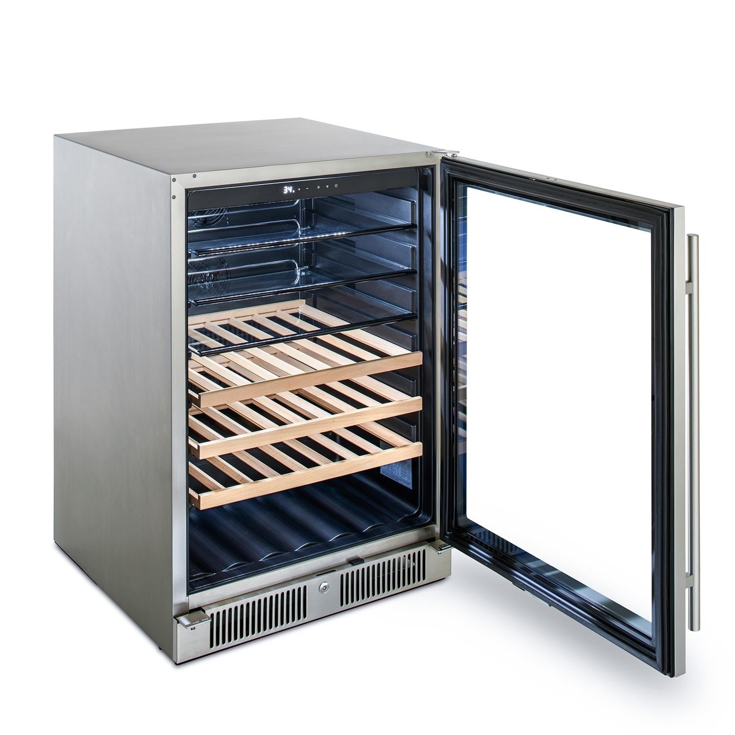 Stainless beverage center with open door showing wooden racks and dark interior