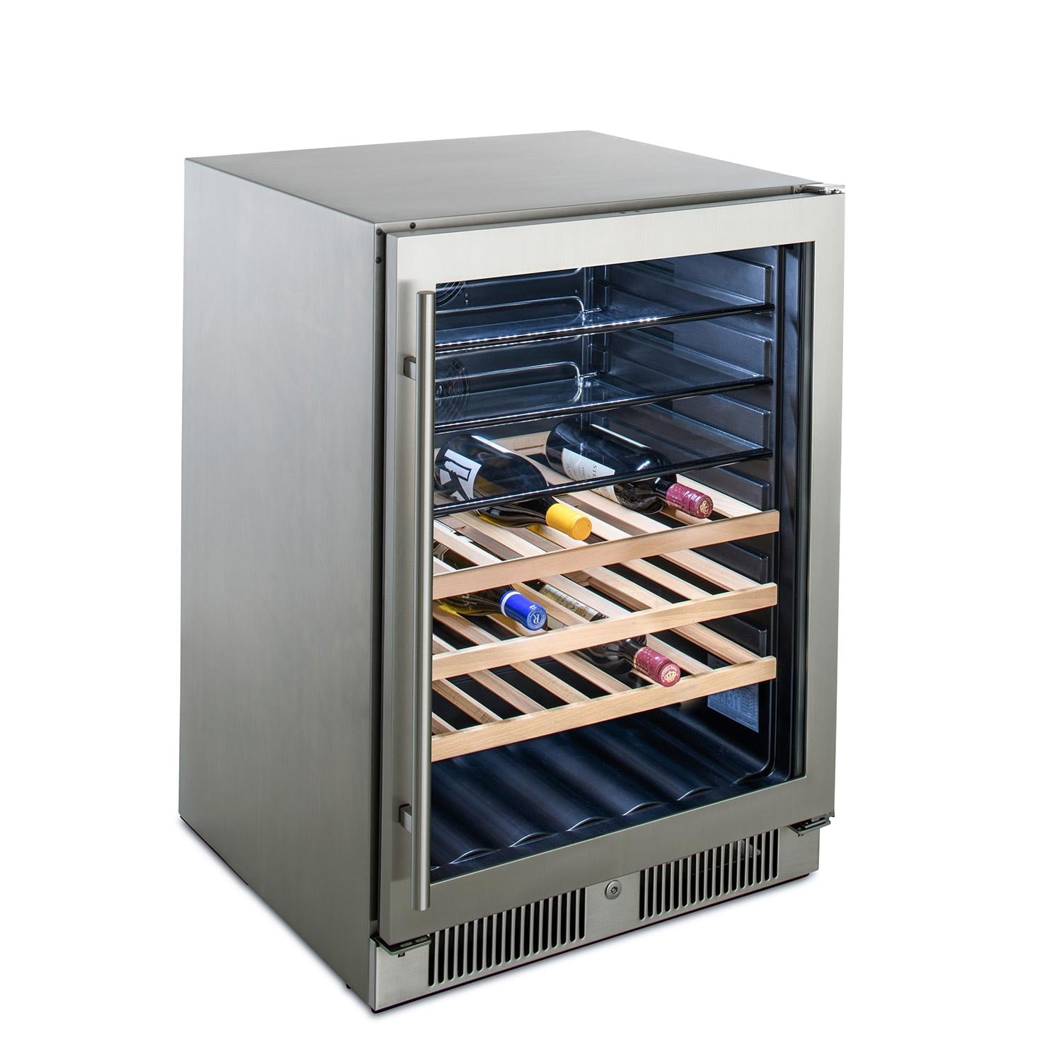Stainless beverage center cabinet with open door and bottled drinks on wooden racks