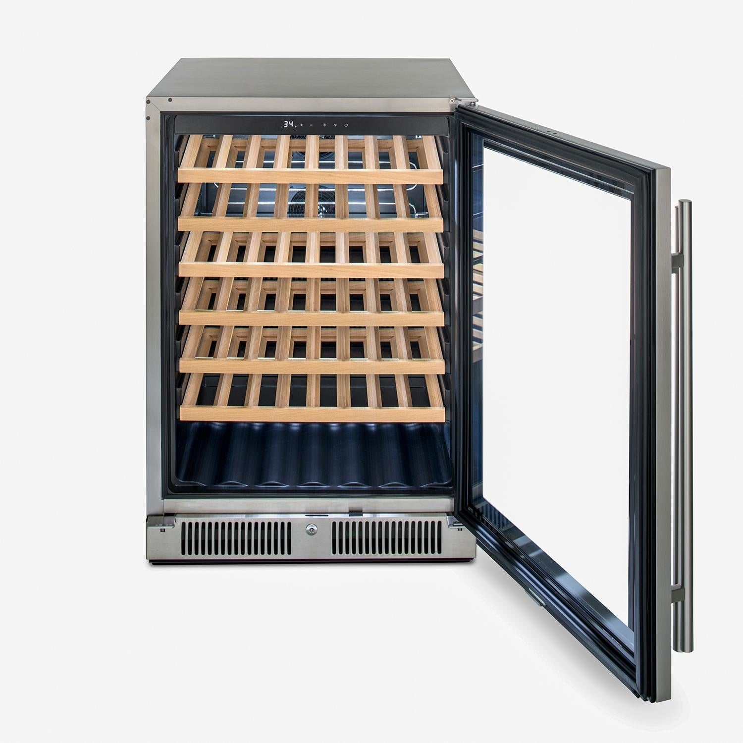 Built-in beverage center open door with wooden bottle racks and black interior liner