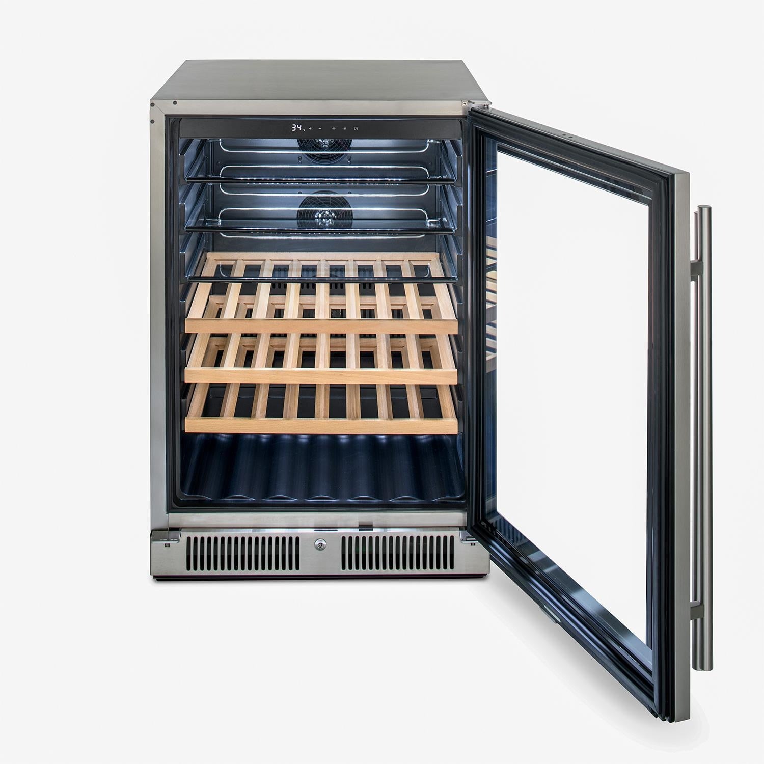 Built-in beverage center open door showing stainless frame and wooden bottle racks