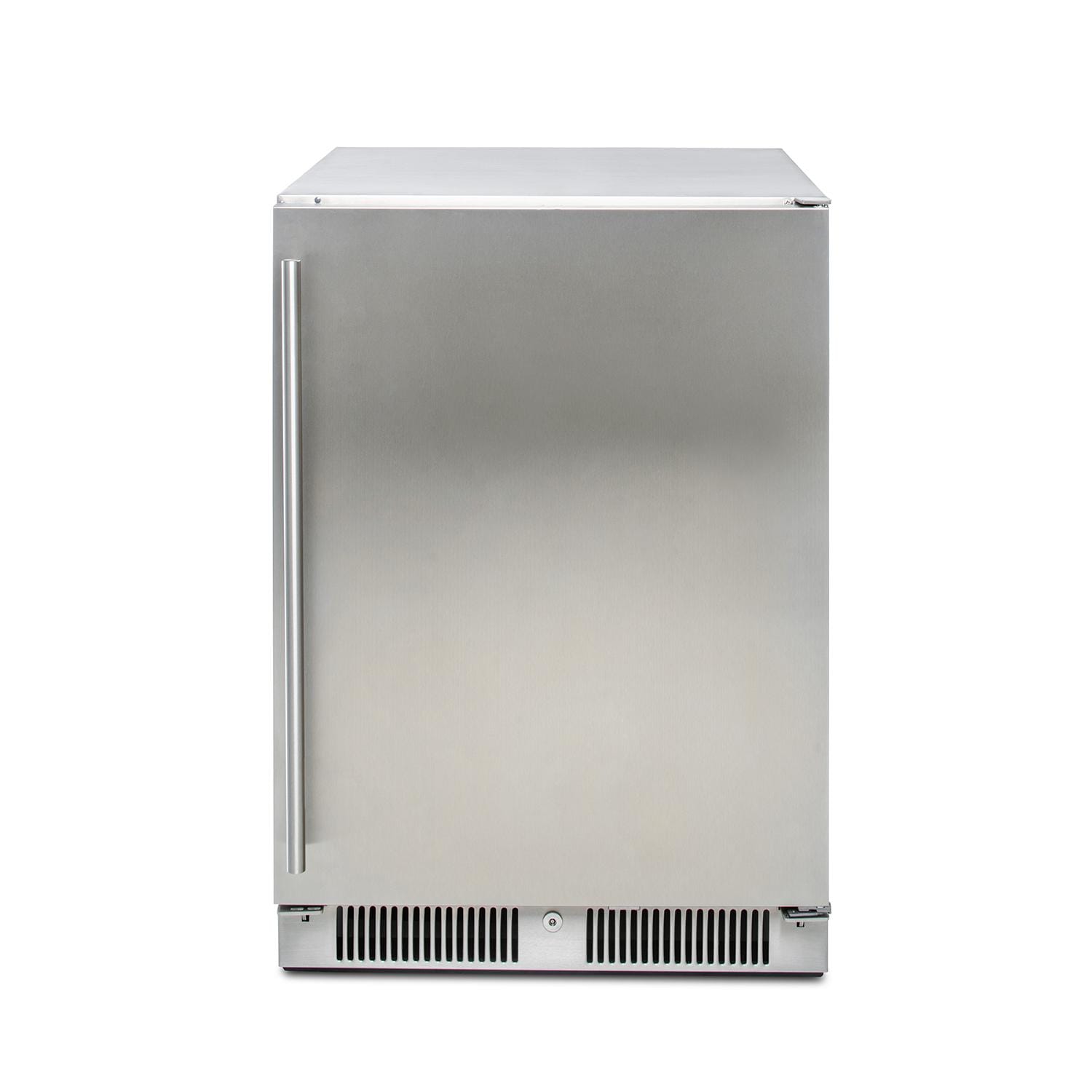 Stainless compact refrigerator beverage center with vertical handle and vented base