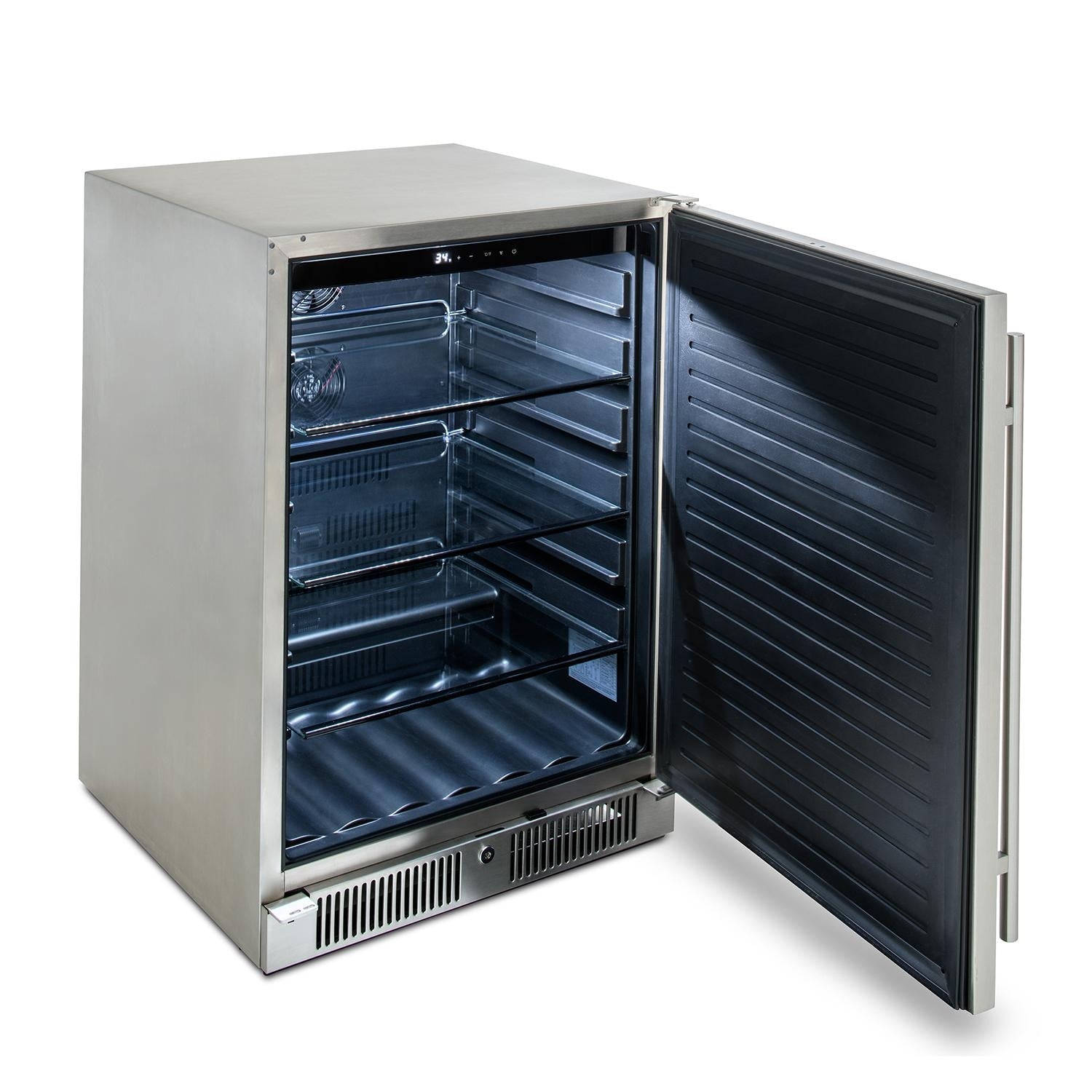 Outdoor beverage refrigerator with door open and empty wire shelves inside