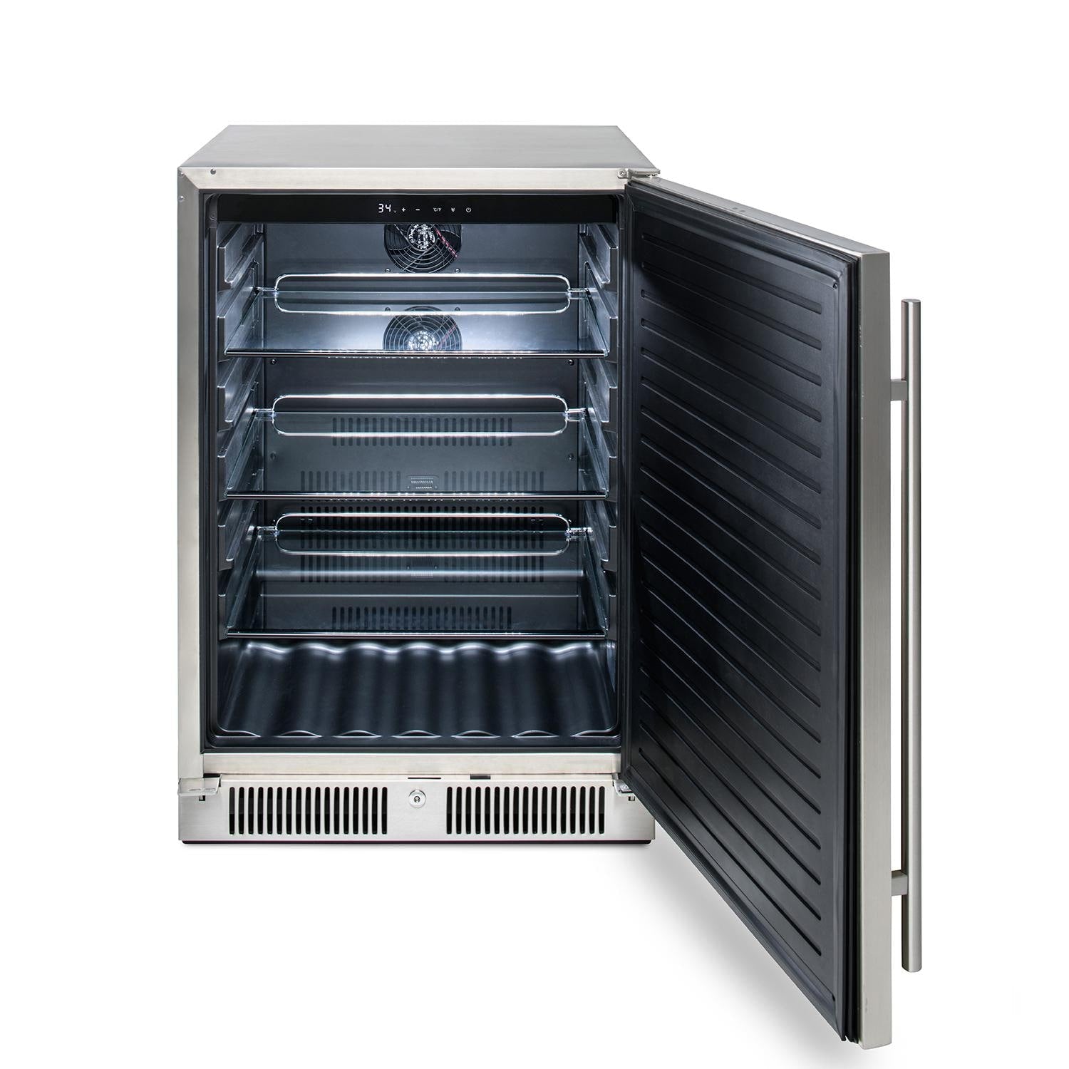 Outdoor compact refrigerator with open door showing interior shelves and top fan