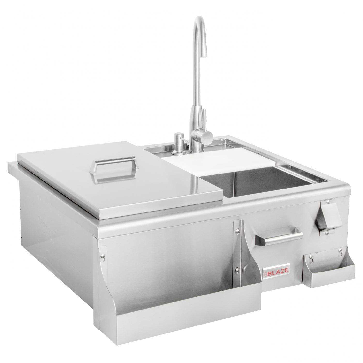 Stainless steel beverage center with hinged lids, faucet, and double sinks