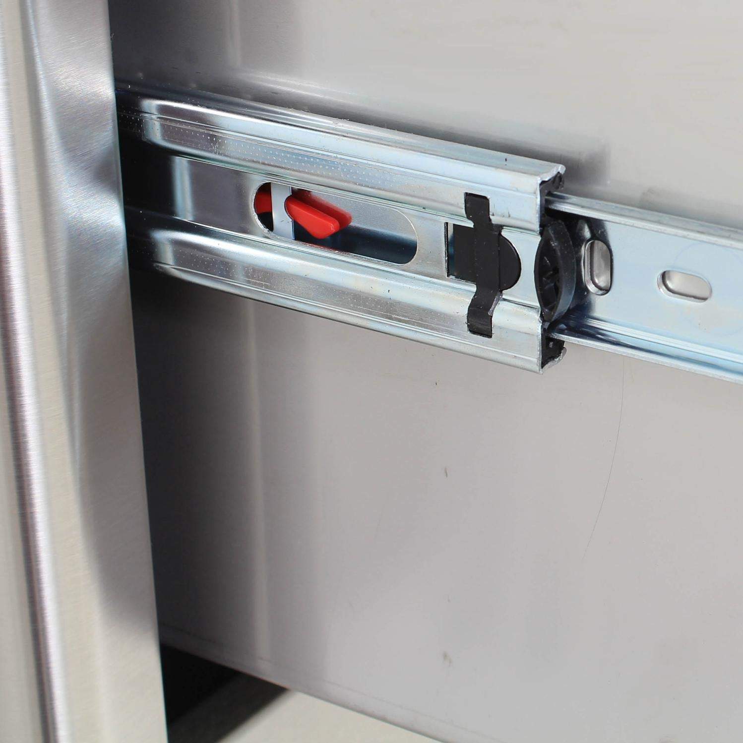 Drawer slide and latch hardware with red release lever and black components