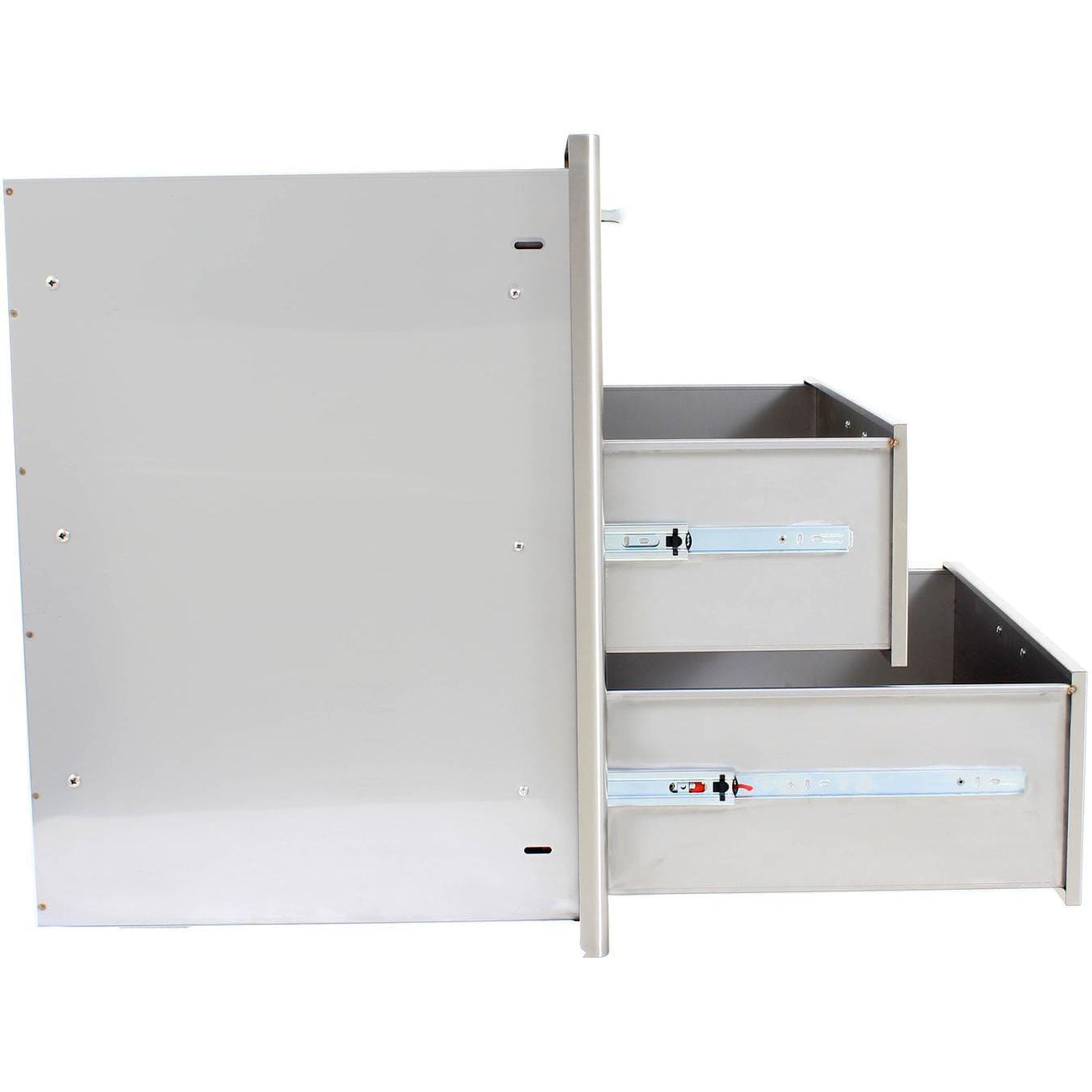 Stainless steel triple access drawer, side open to show three drawer compartments