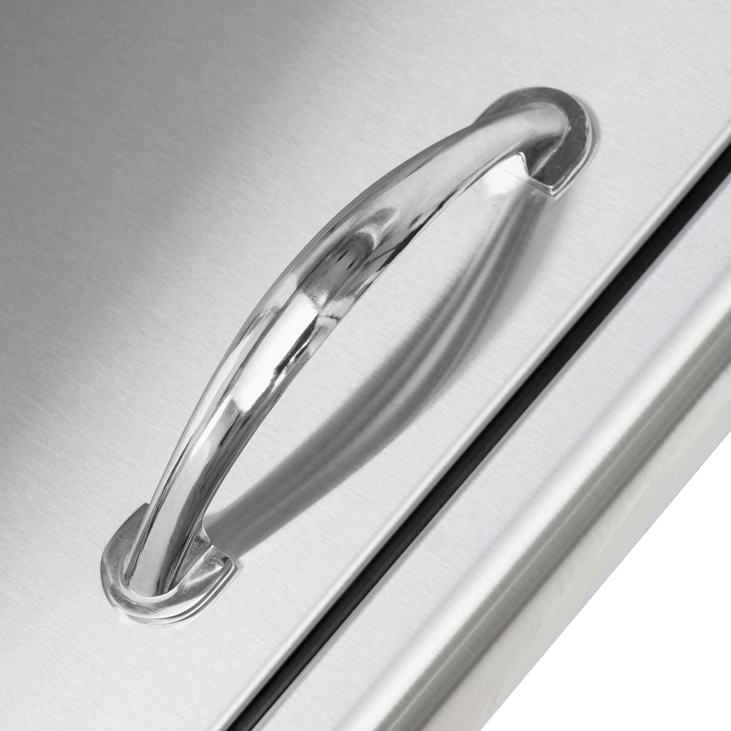 Stainless steel access door handle on drawer unit, polished metal pull