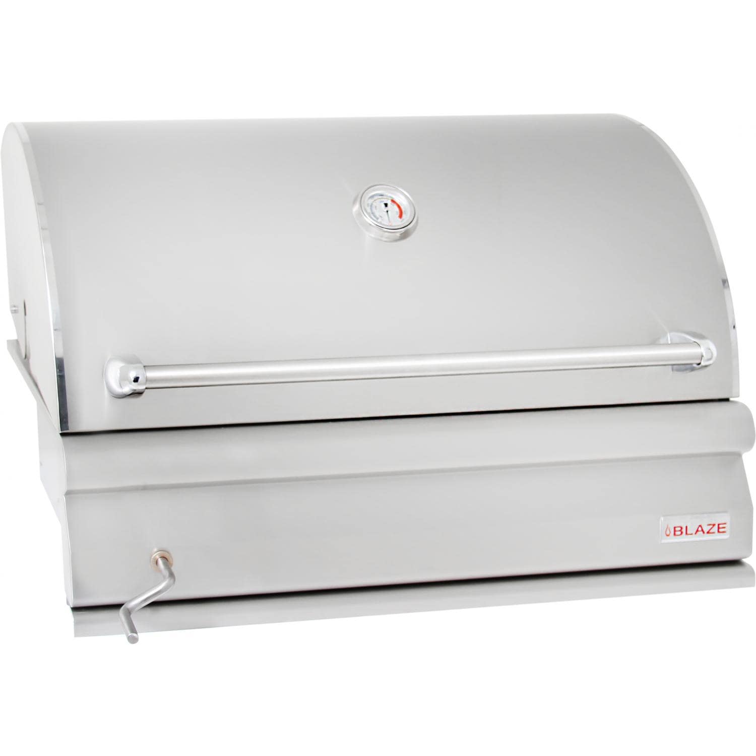 Stainless steel charcoal grill with closed lid and front control knob