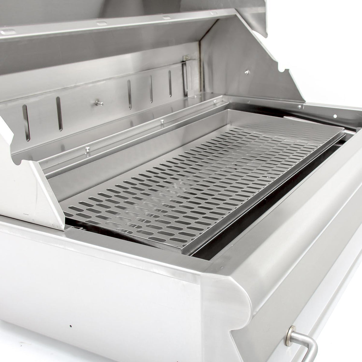Open stainless steel charcoal grill with hinged hood and perforated cooking grate