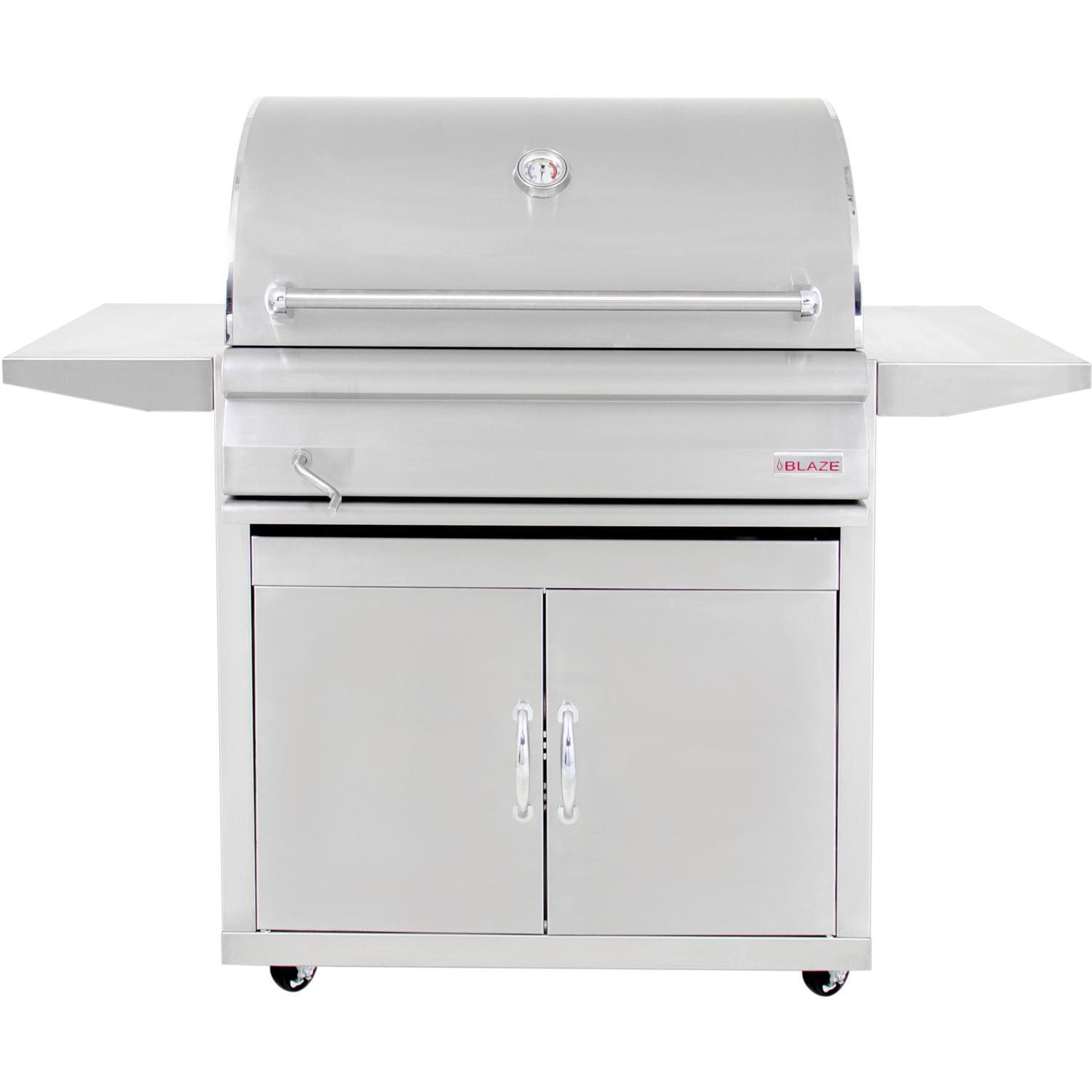 Freestanding Blaze charcoal grill with two-door cabinet and side shelves