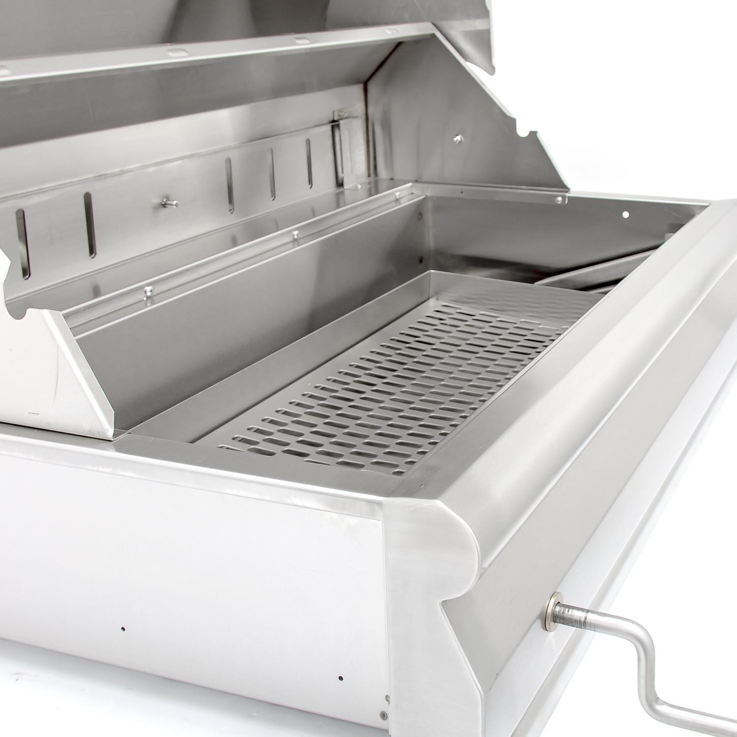 Freestanding charcoal grill with open lid, charcoal tray and cooking grate in light gray metal.