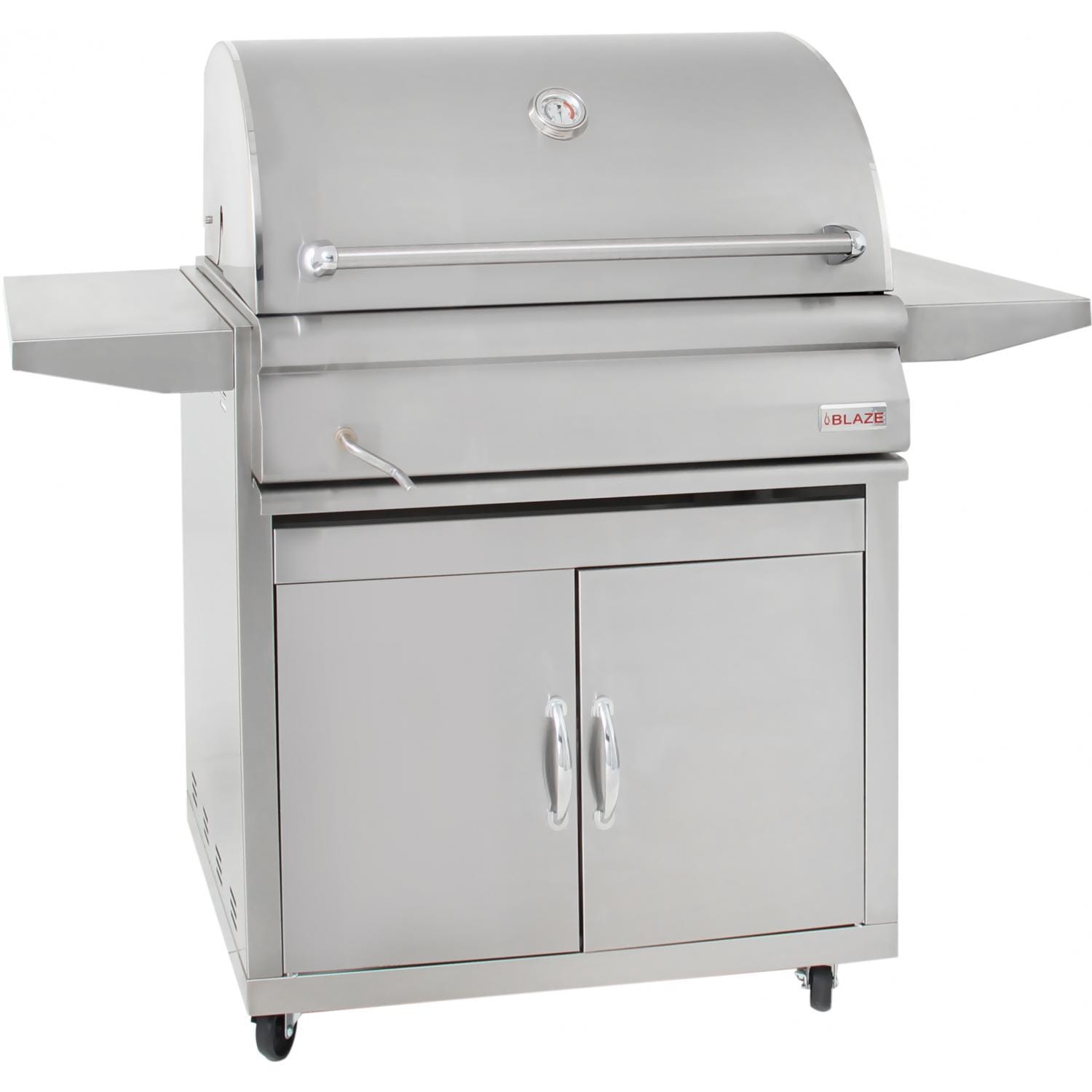 Freestanding charcoal grill with two-door cabinet, side shelves, and adjustable tray
