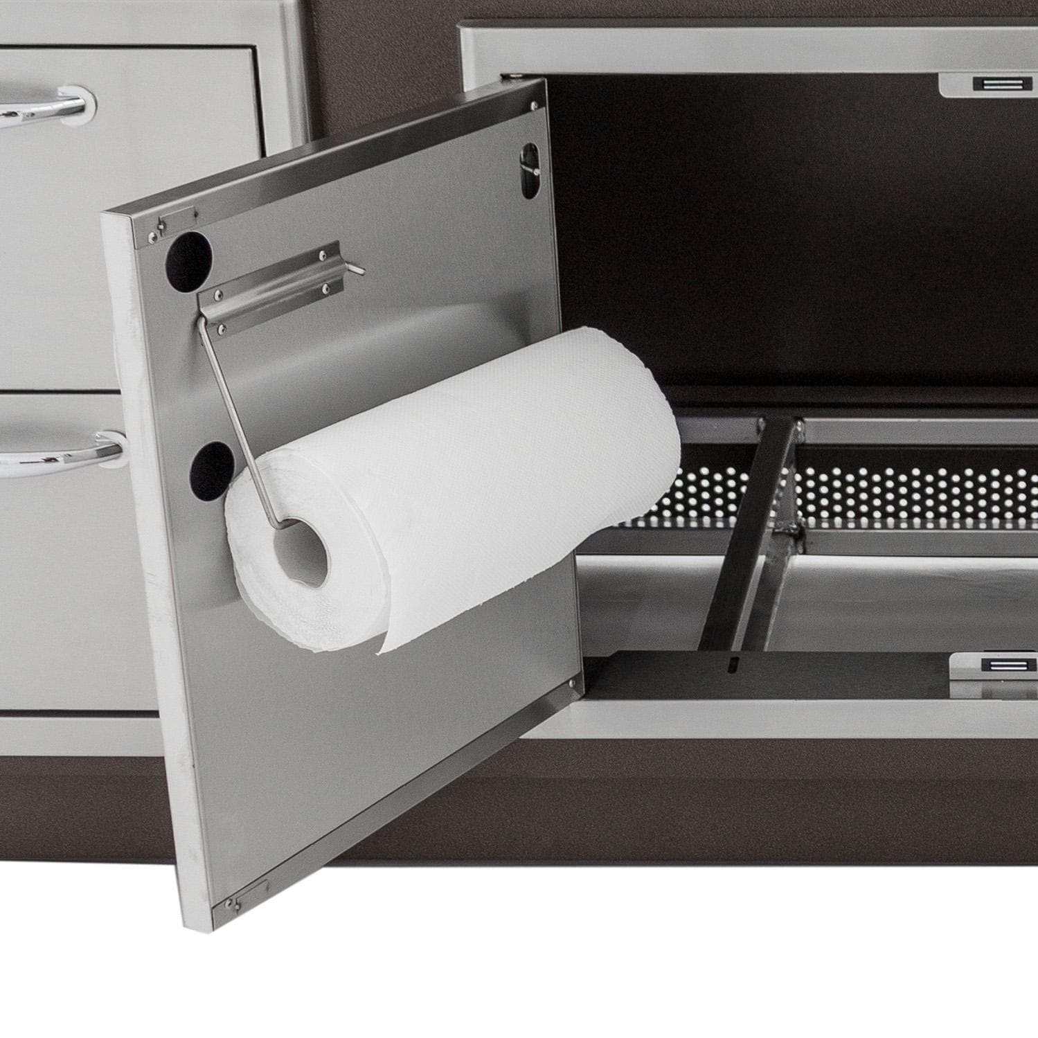 Stainless steel double access door with built-in paper towel holder, open