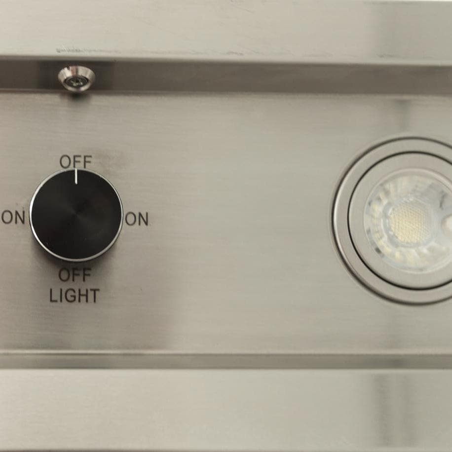 Outdoor vent hood control panel with light bezel and round ON/OFF dial