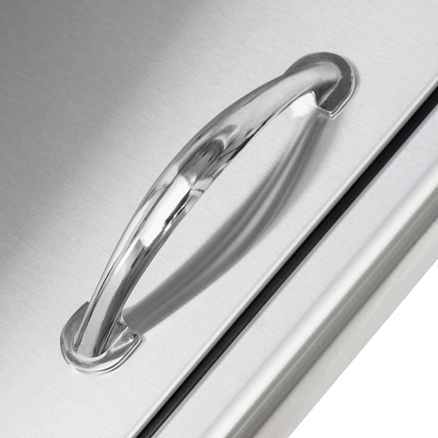 Stainless steel recessed handle on double access door, close-up