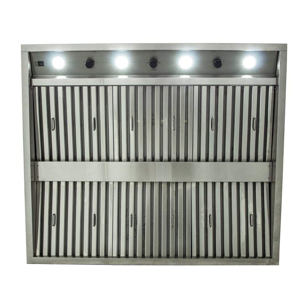Stainless steel vent hood front grille with vertical slats and four built-in lights