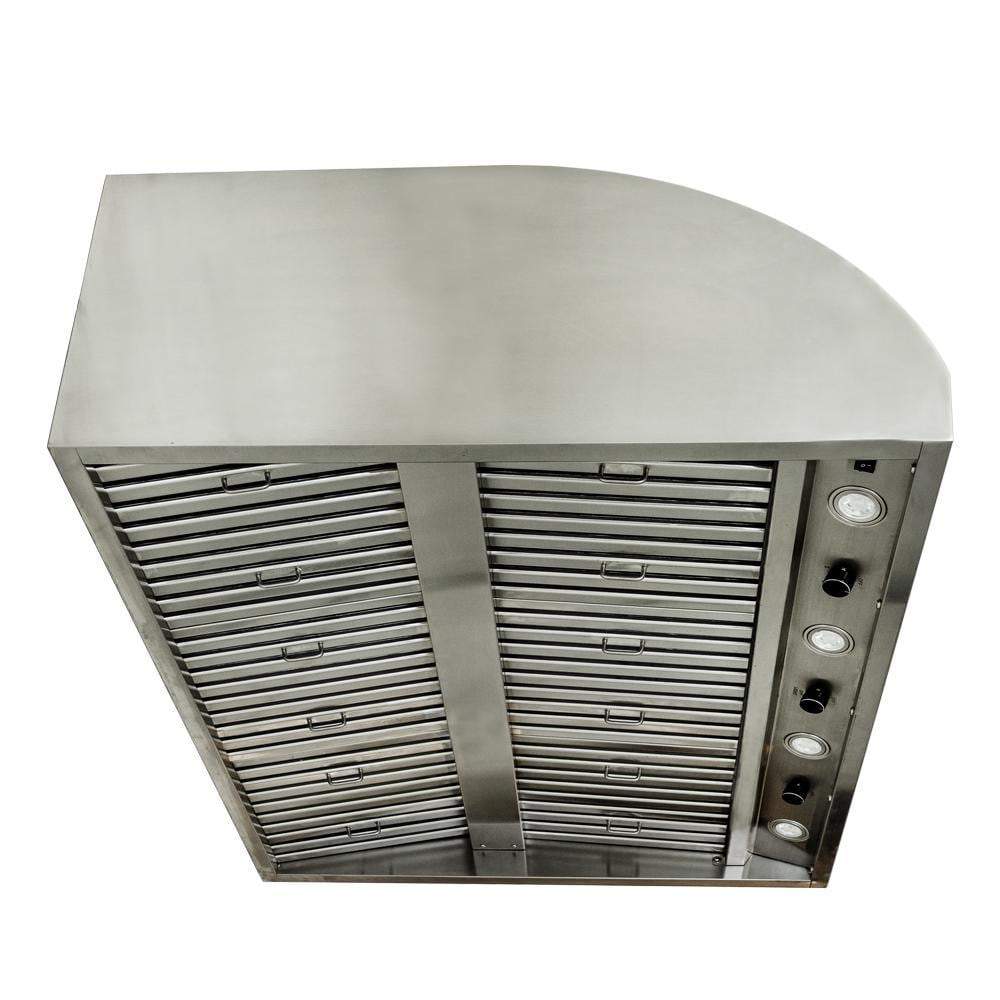 Stainless steel outdoor vent hood with louvered front vent panels and control knobs