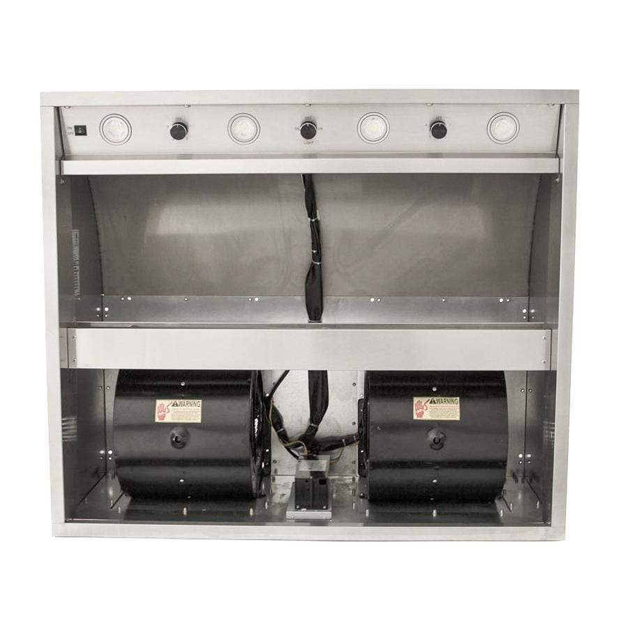 Stainless steel vent hood interior with fan motor, duct baffles, and wiring