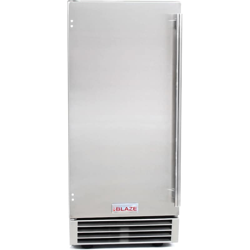 Stainless steel outdoor ice maker with front vent panel and Blaze badge