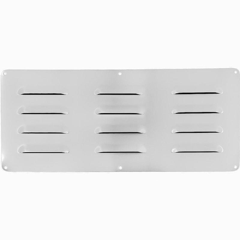 Stainless steel island vent panel with multiple horizontal slotted openings and corner mounting holes