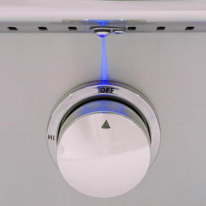 Stainless steel burner control knob with blue LED ring and OFF marking