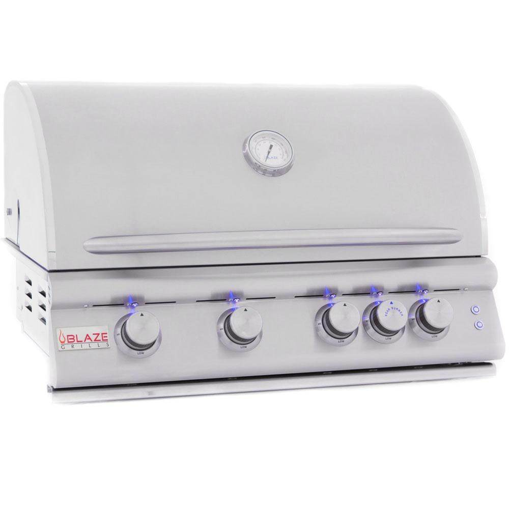 Stainless steel grill front panel with blue LED knobs and temperature gauge