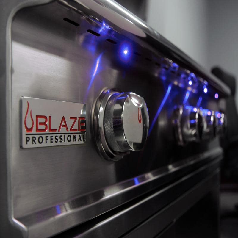 Stainless steel control knob assembly with blue LED indicator and Blaze Professional logo