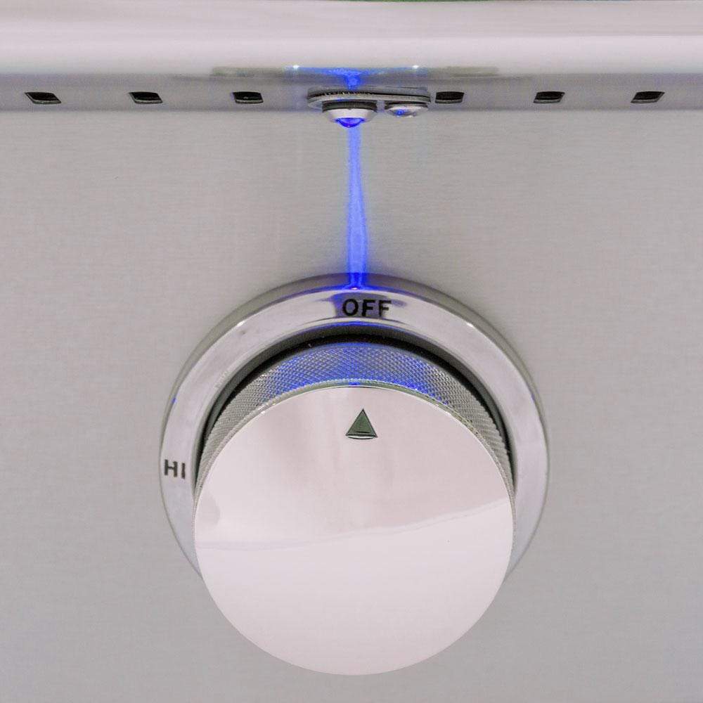 Blue LED control knob with OFF and HI markings on stainless panel