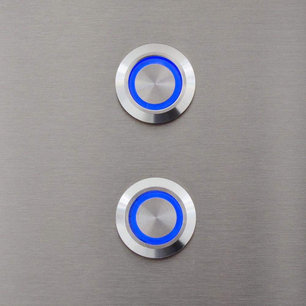 Stainless steel panel with two blue LED push buttons