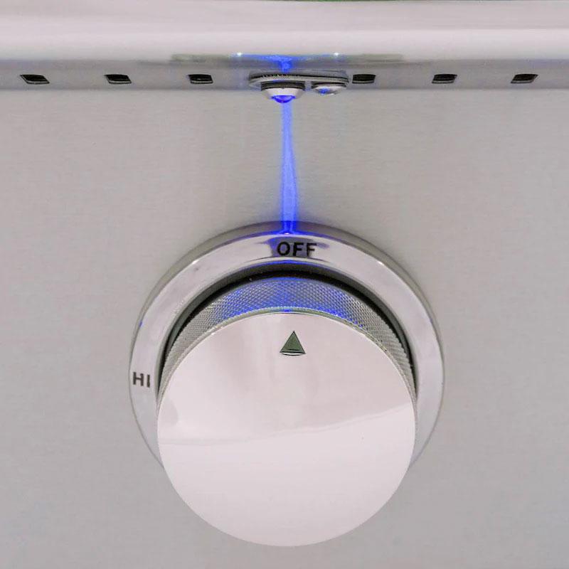LED gas grill knob with blue backlit ring and OFF/HI settings