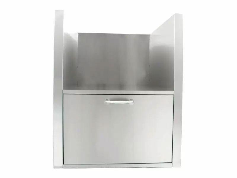 White built-in side shelf cabinet with drawer and empty upper storage