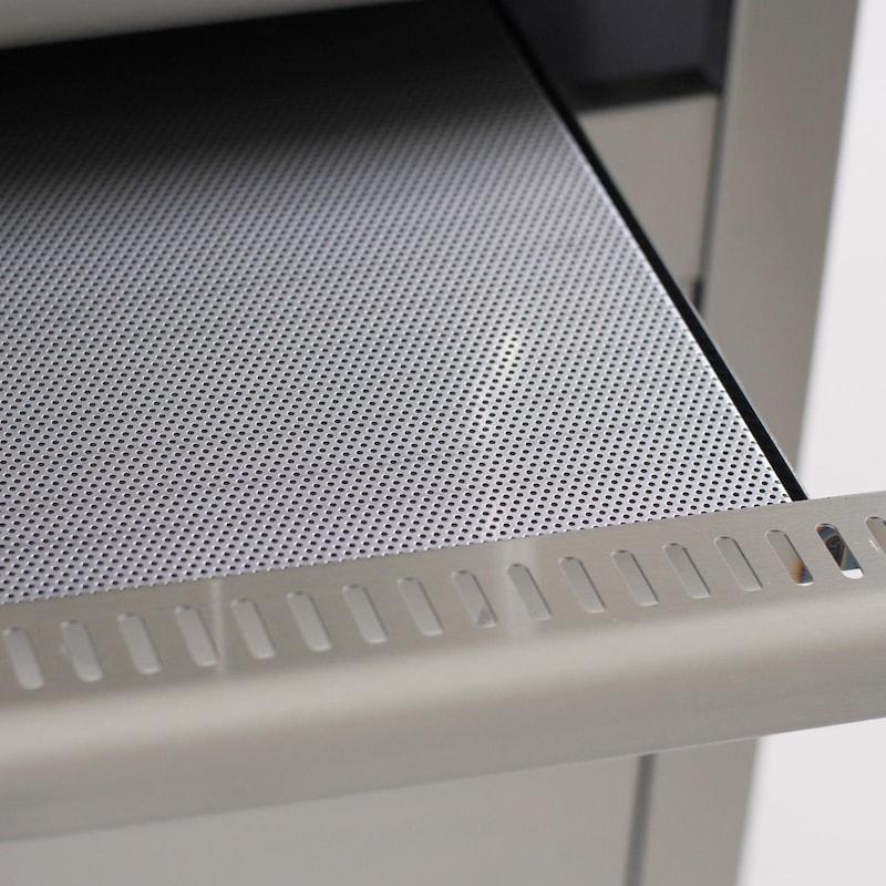 Perforated metal drip tray flame guard panel with cutout edge slots