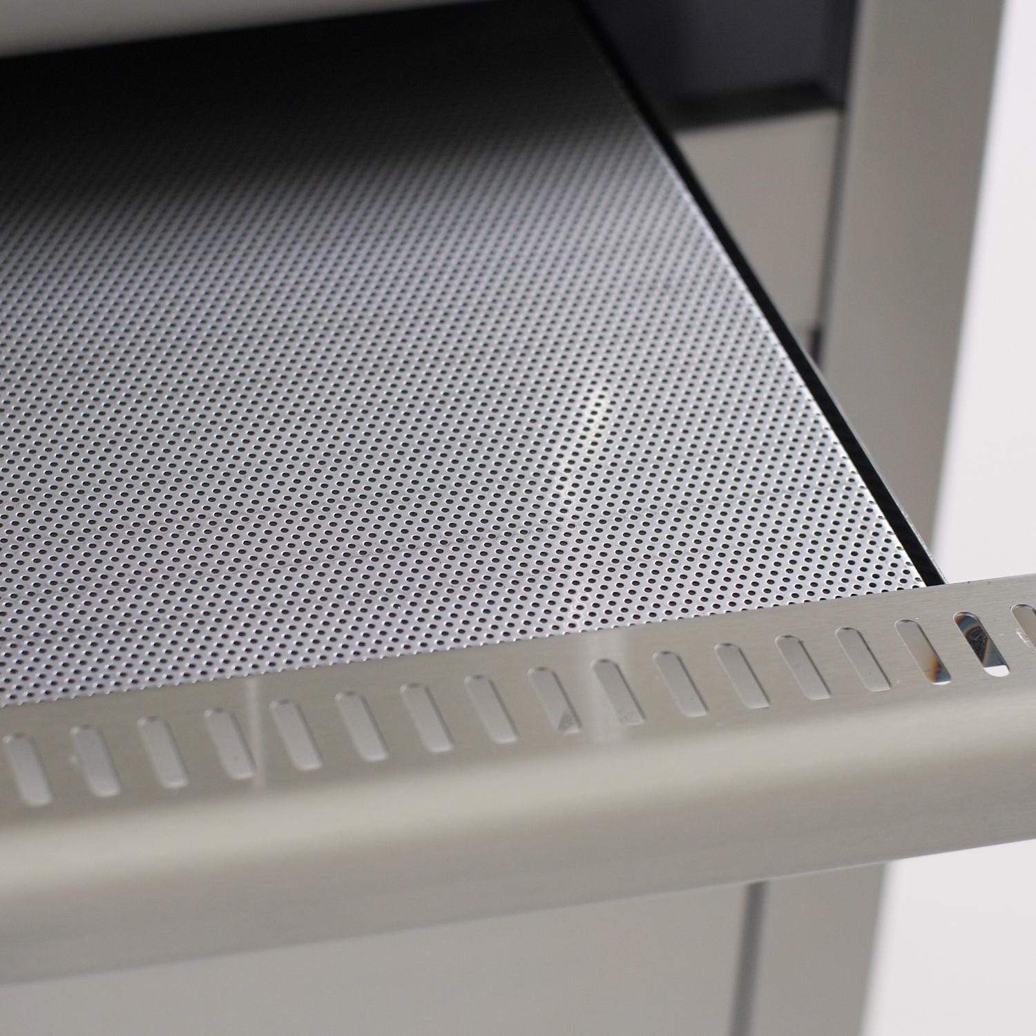 Perforated metal drip tray flame guard with slotted front edge for gas grills