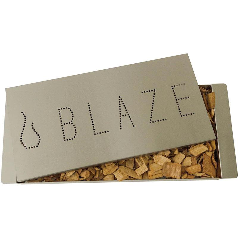 Extra large smoker box with lid open, wood chips visible, dotted 'BLAZE' panel