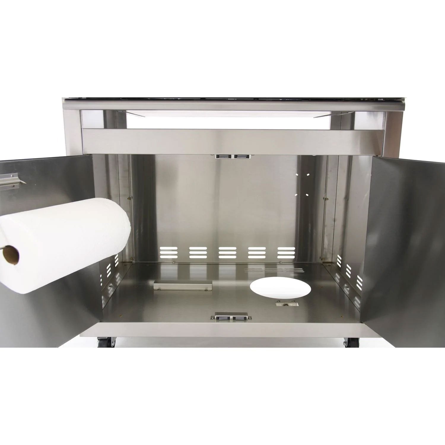 Open stainless steel grill cart interior with side vents and lower shelf