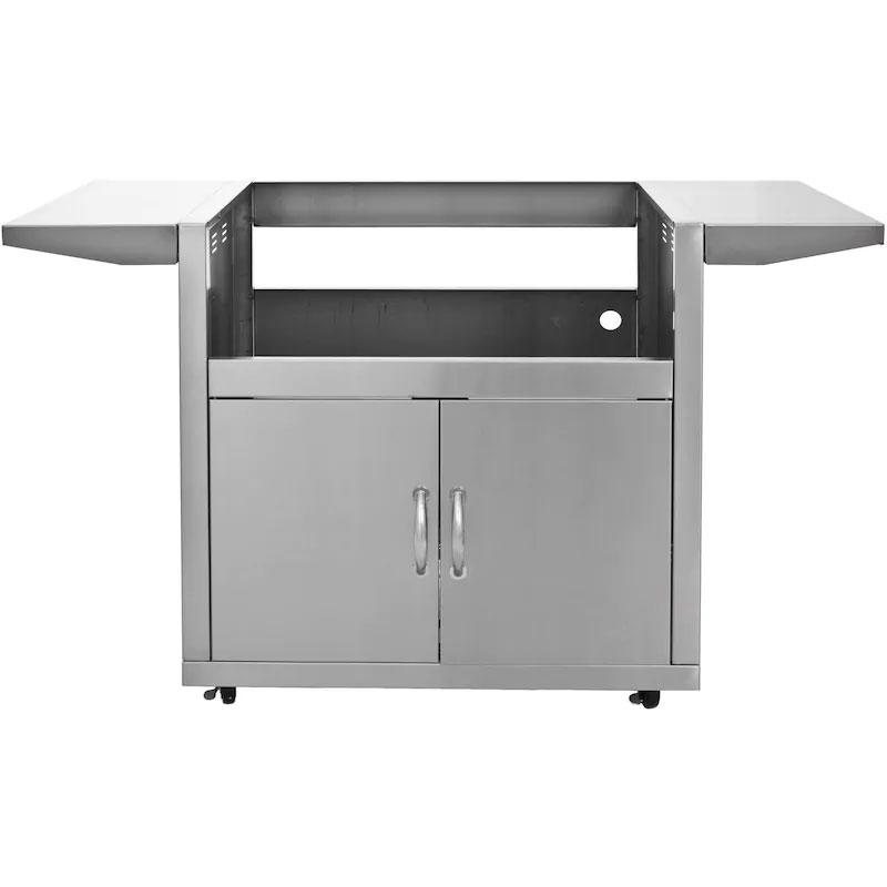 Stainless steel grill cart with double-door cabinet and chrome handle pulls