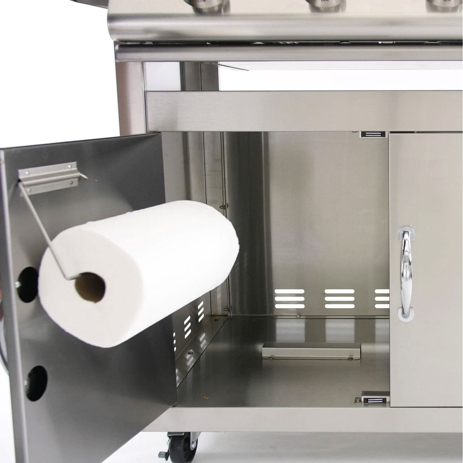 Stainless steel grill cart interior with paper towel roll holder and side vents