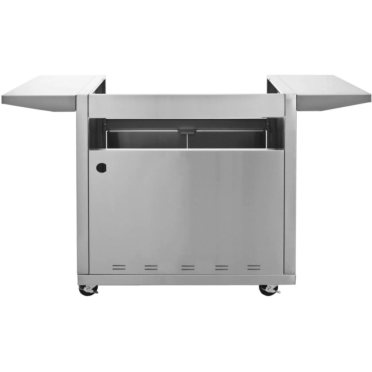 Stainless steel grill cart front view with open top and vented side panels