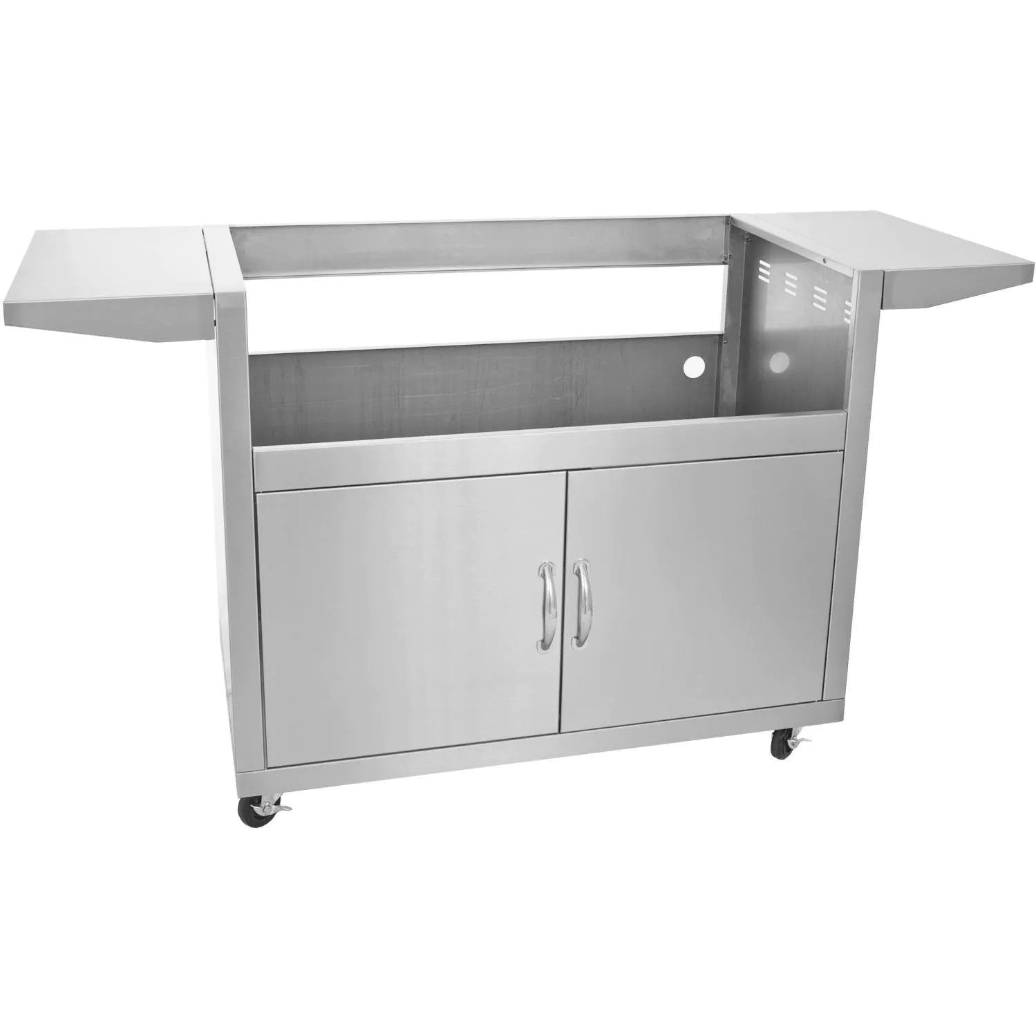 Stainless steel grill cart with two-door cabinet and pull handles, side shelves, caster wheels