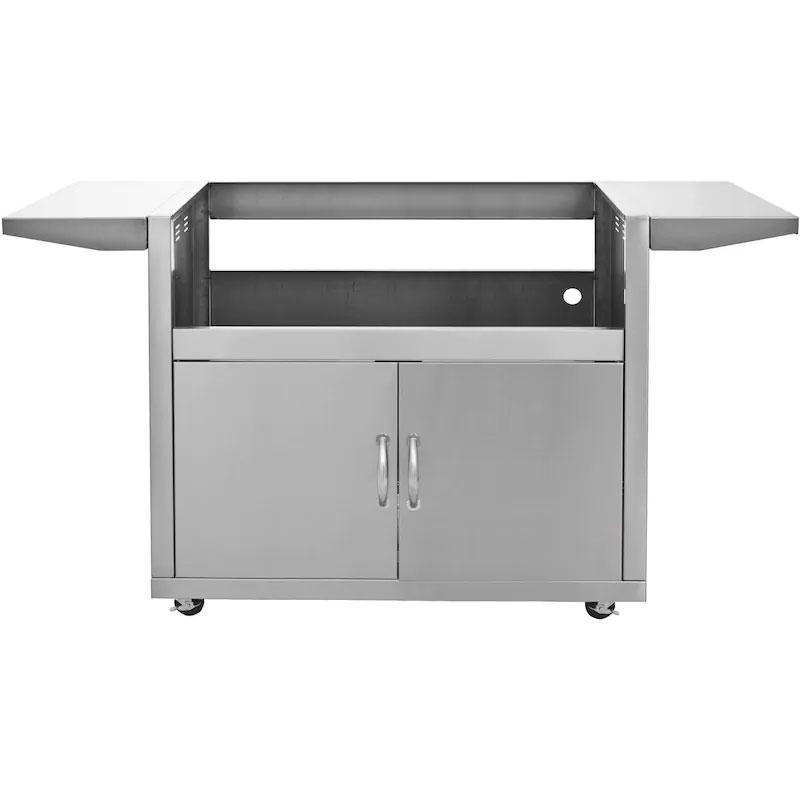 Stainless steel grill cart with two cabinet doors, side shelves, and black vent side panels