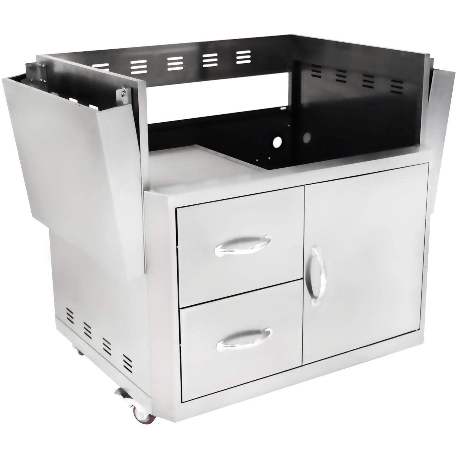 Stainless steel grill cart with two drawers, cabinet door, and vented side panels