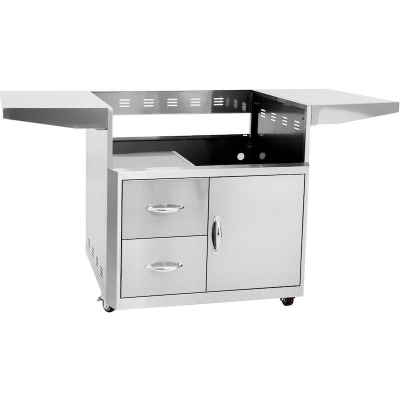 Stainless steel grill cart with two drawers, cabinet door, and open top storage