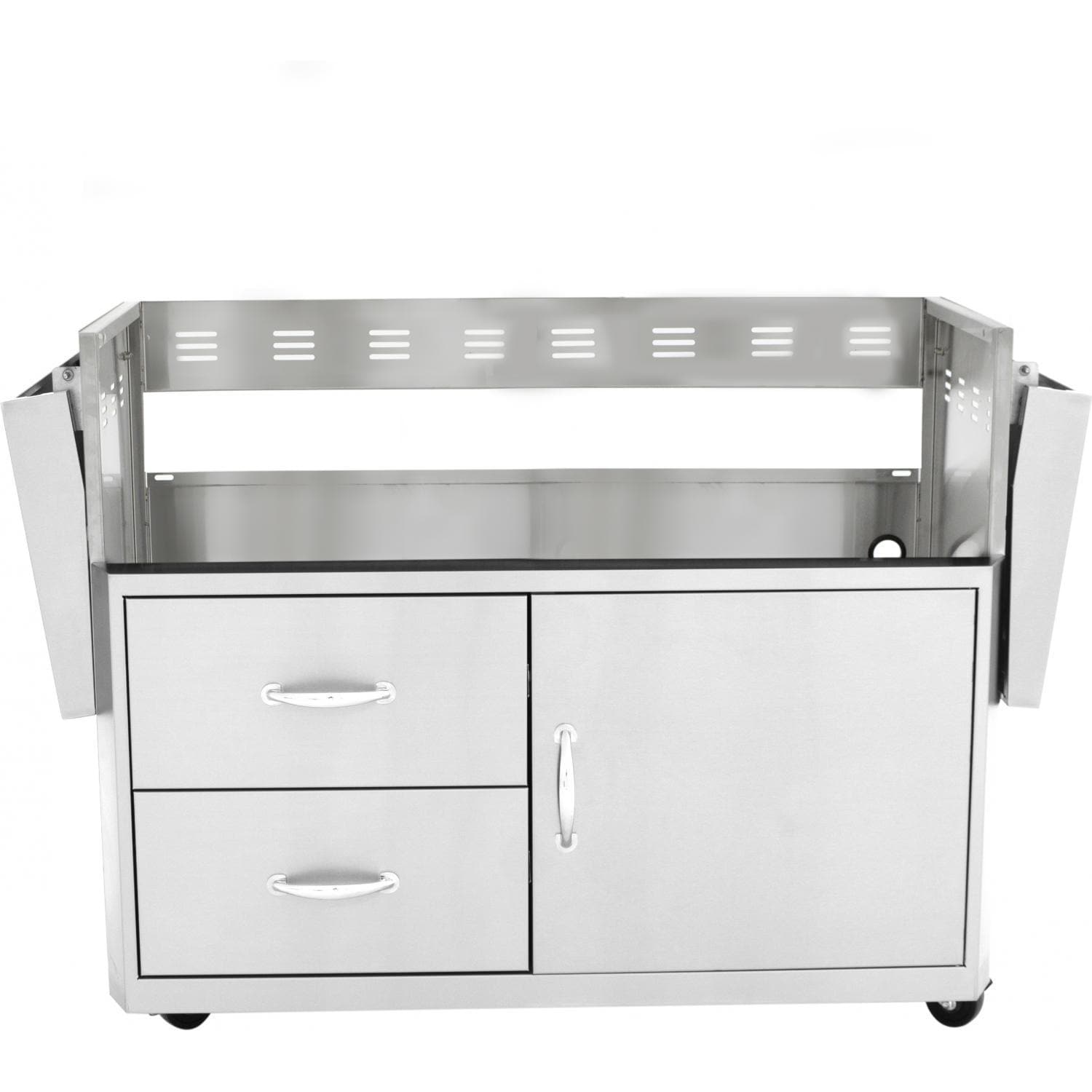 Stainless steel grill cart front view with storage drawers and cabinet door