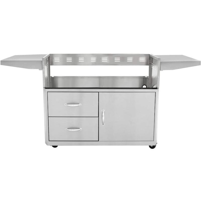 Stainless steel grill cart with two drawers, one door cabinet, and side shelves