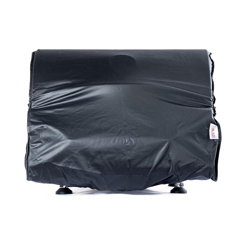 Dark gray pedestal grill cover with fitted hood and side folds