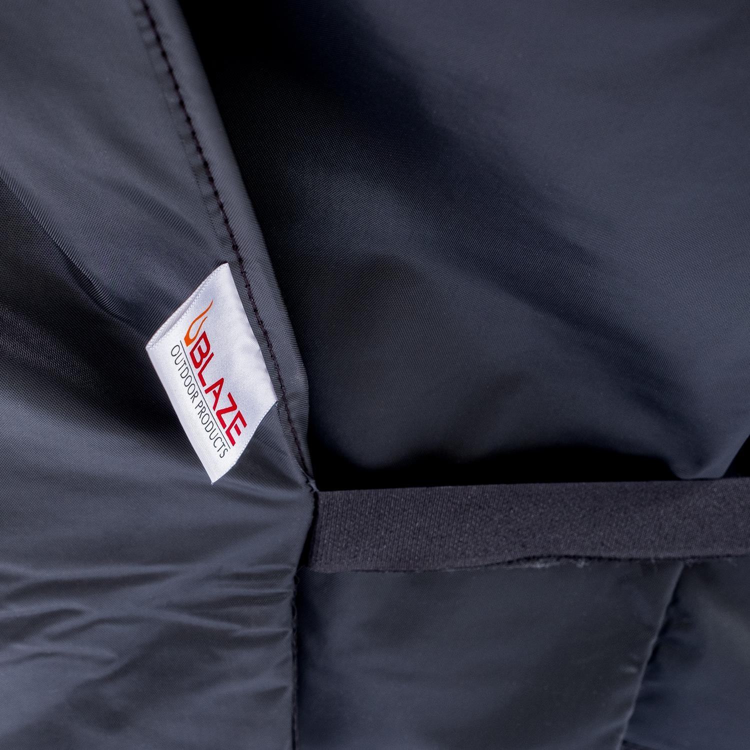 Black grill cover corner with Blaze logo label and stitched edge
