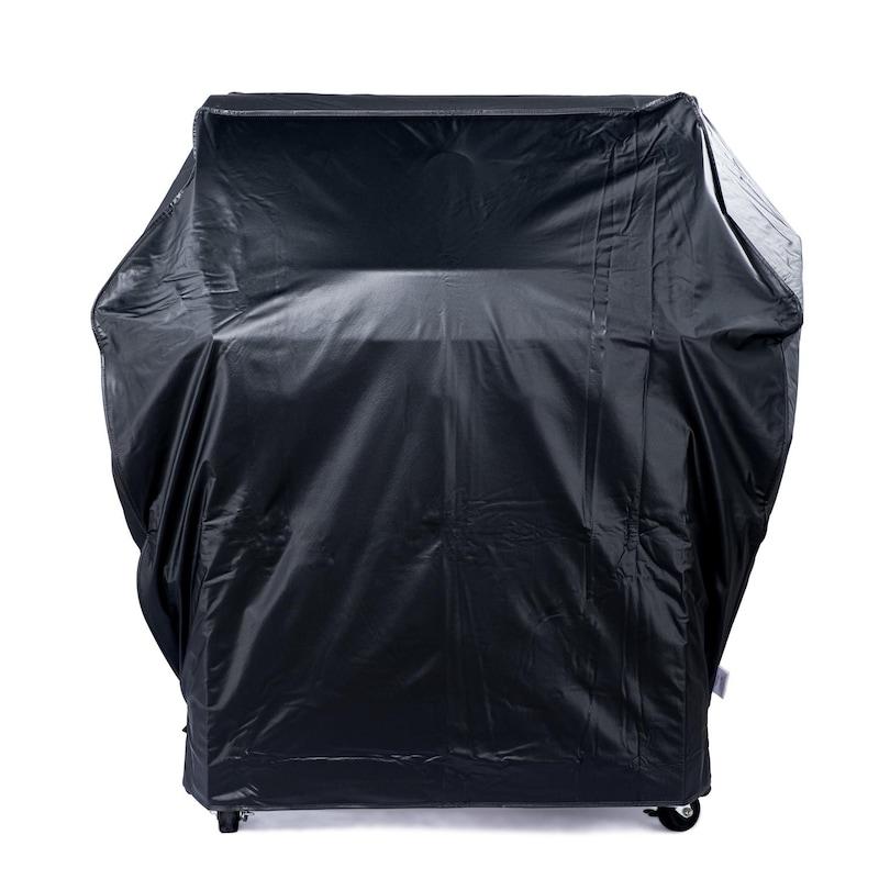 Black grill cover for freestanding grill with fitted front and bottom